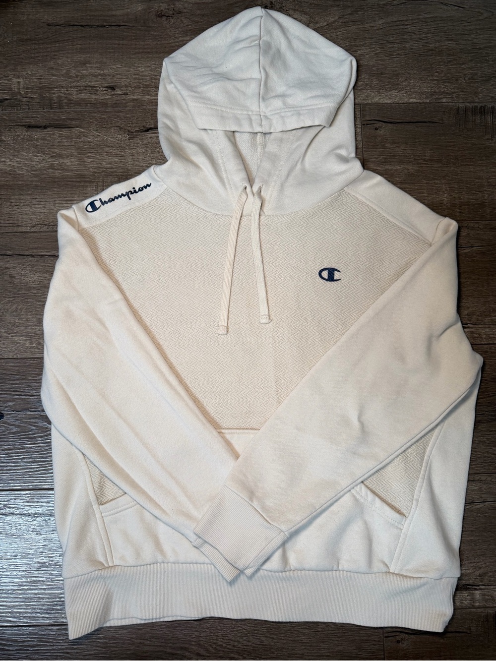 Champion Cream Pullover Hoodie with Navy Logo- M